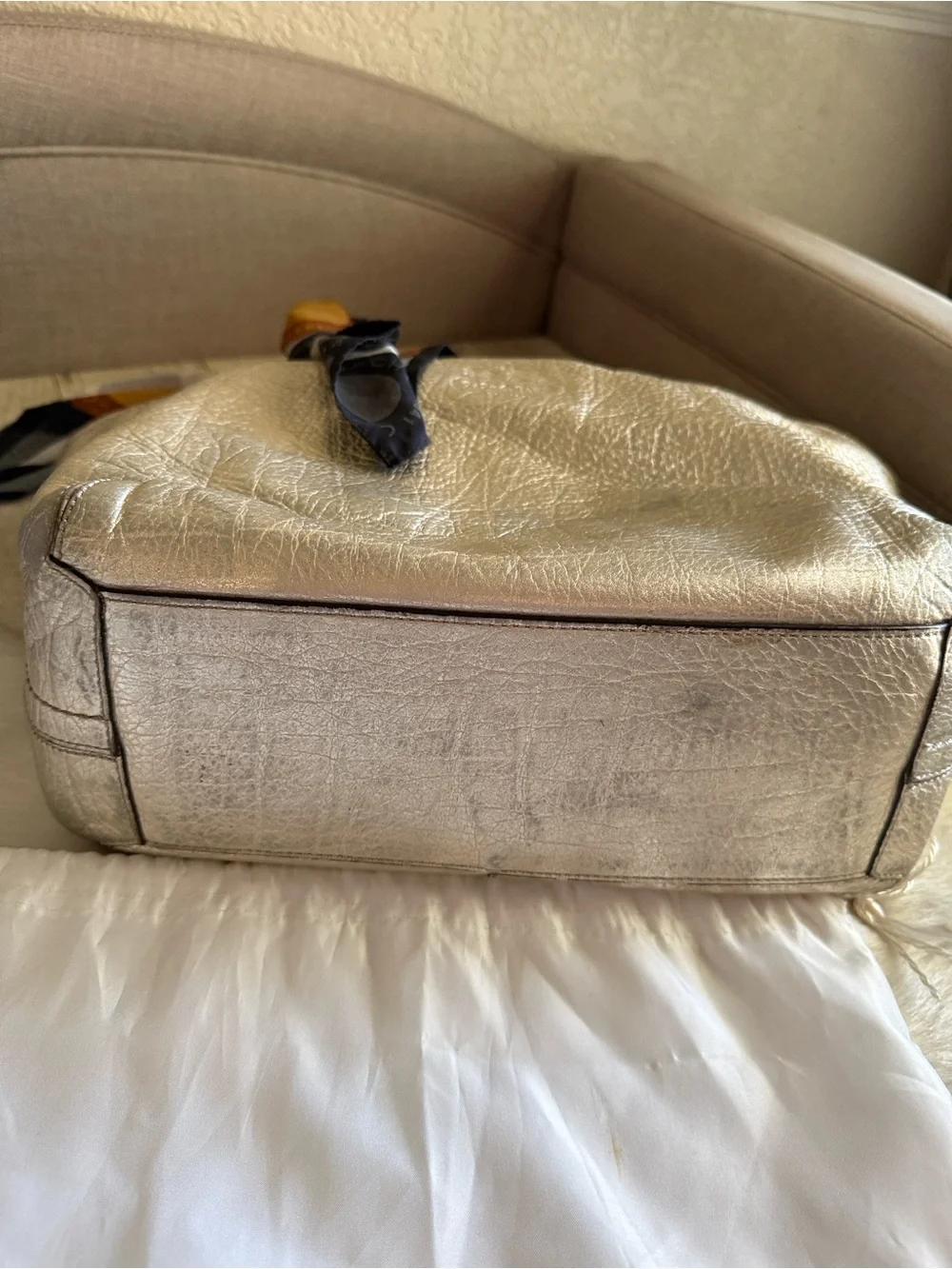 Coach Set Metallic Gold Leather Tote with Zip Wallet, Scarf & 2 cosmetic bags